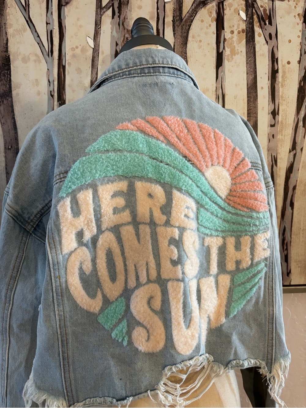 Light Wash Jean Jacket with Coral & Mint Sun Embroidery